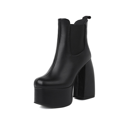 Plain Chunky Heel Ankle Boots Platform Chelsea Boots in Black