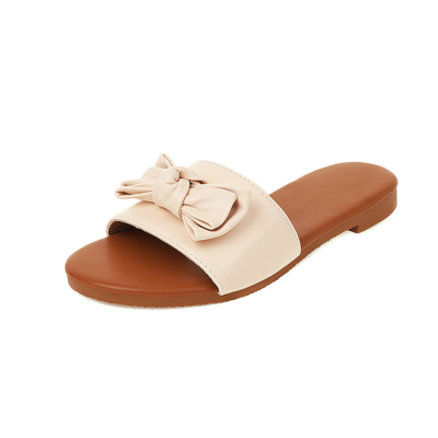 Beige Comfortable Slide Sandals Flats Beach Sandal with Bow