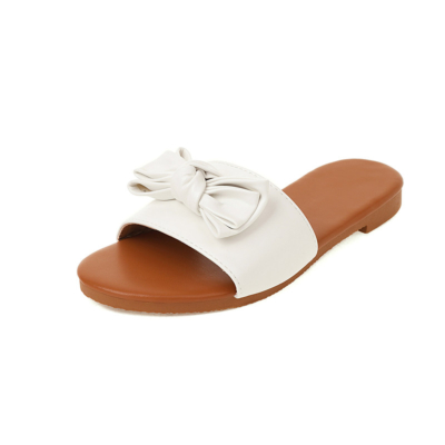 White Comfortable Slide Sandals Flats Beach Sandal with Bow