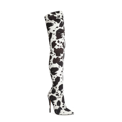 Black&White Cow Print Boot Stiletto Heel Pointy Toe Thigh High Boots
