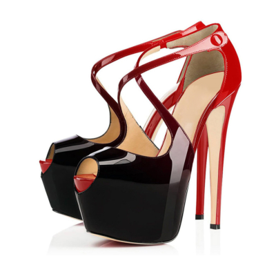 Red&Black Gradient Criss Cross Platform High-Heel Pumps Peep Toe Sandals 