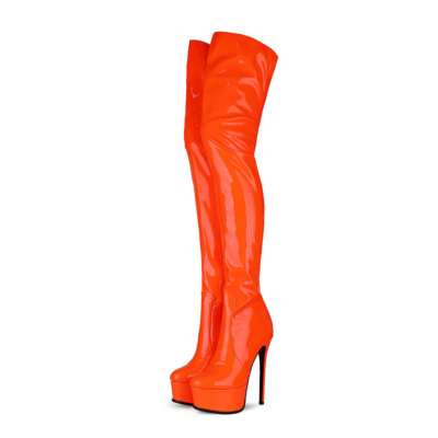 Neon Orange Zipper Platform Stiletto Stretch Thigh High Boots