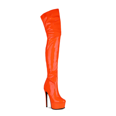 Neon Orange Zipper Platform Stiletto Stretch Thigh High Boots