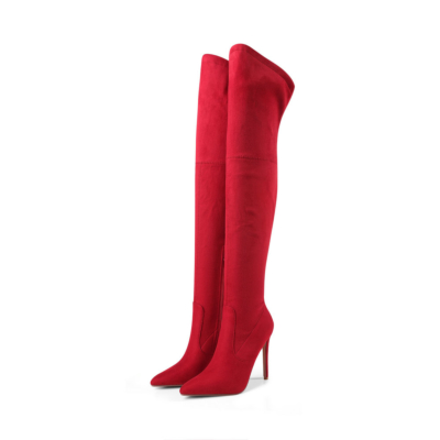 Red Women's Pull-on Boots Stretch Over-The-Knee Boots