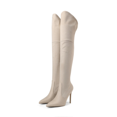 Beige Women's Dress Pull-on Boots Stretch Over-The-Knee Boots