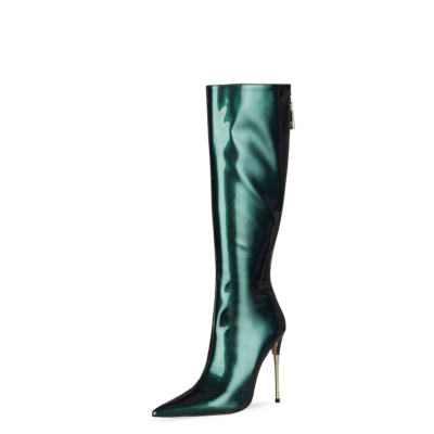 Green Dress Tall Boots 5" High Heels Knee High Boots With Back Zipper