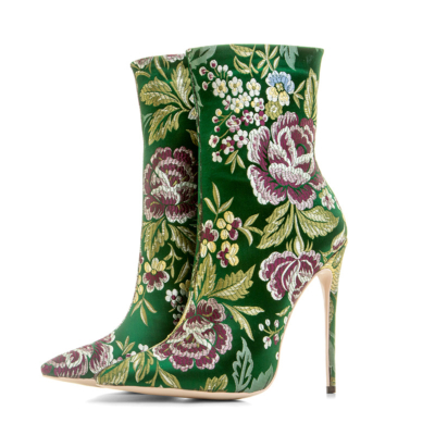 Green Women's Floral Embroidered Elastic Booties Sock Ankle Boots 5 inch Stiletto Heels