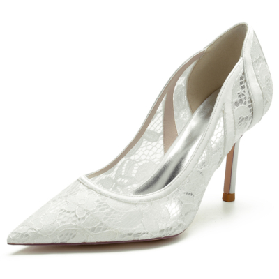 Women's Ivory Lace Wedding Shoes Pointed Toe Stiletto Heel Pumps