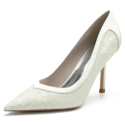 Women's Ivory Opaque Lace Pointed Toe Stiletto Heel Wedding Pumps