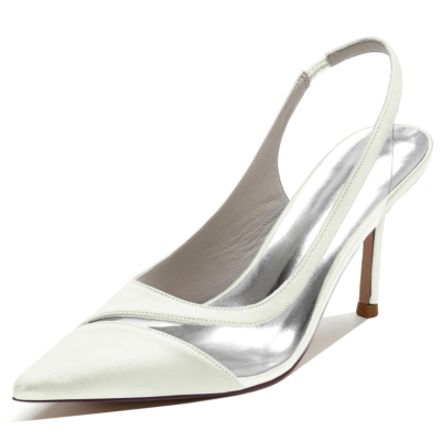 Women's Ivory Satin Slingback Pointed Toe Stiletto High Heels  Wedding Pumps