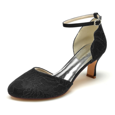 Women's Black Lace Almond Toe Spool Heels Ankle Strap Pumps