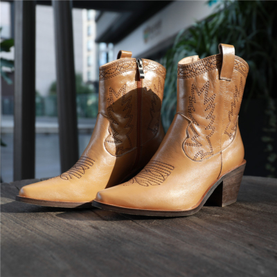 Women's Leather Cowboy Boots Block Low Heeled Western Ankle Boots