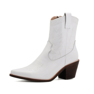 White Leather Cowgirl Boots Block Low Heeled  Western Ankle Boots