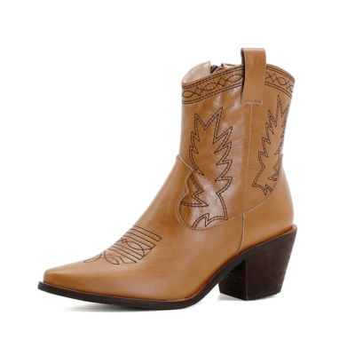 Brown Leather Cowgirl Boots Block Low Heeled  Western Ankle Boots