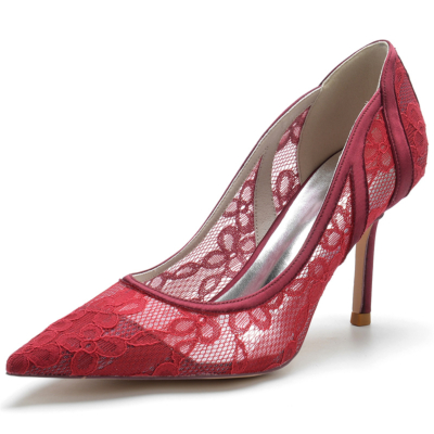 Women's Maroon Lace Wedding Shoes Pointed Toe Stiletto Heel Pumps