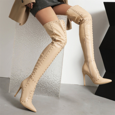 Women's Nude Studs Fashion Thigh High Booties Pointed Toe Long Boots