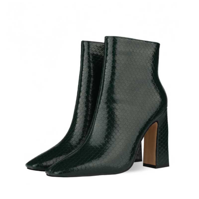 Dark Green Snake Print Square Toe Chunky Heel Dress Booties Ankle Boots