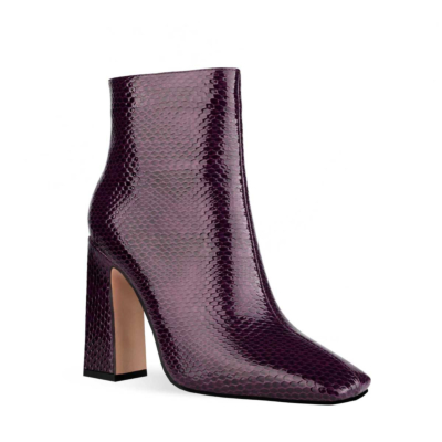 Purple Snake Print Square Toe Chunky Heel Dress Booties Ankle Boots