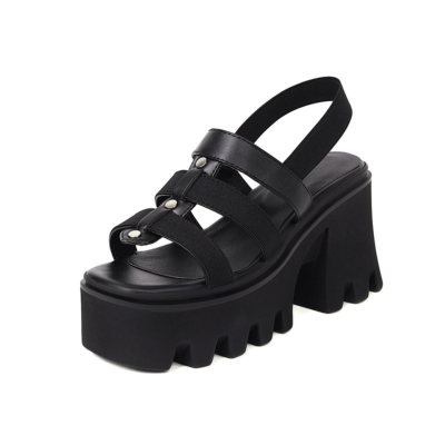 Women Strappy Chunky High Heel Gladiator Platform Sandals Rivet Black Shoes