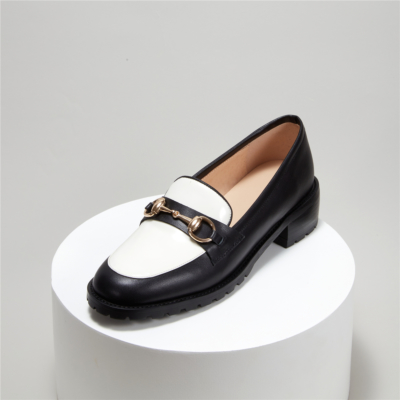 Women Black&White Leather Horsebit Loafers Pumps with low Heel