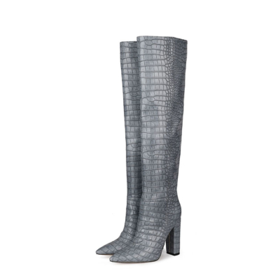 Grey Croc-Embossed Womens Chunky Heel Wide Calf Thigh High Boots
