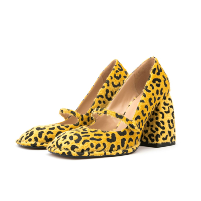 Yellow Leopard Print Chunky Heel Mary Jane Pumps Square Toe Faux Fur Dress Shoes
