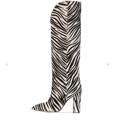 Black&White Horsehair Zebra V-Cut Block Heel Knee High Boots