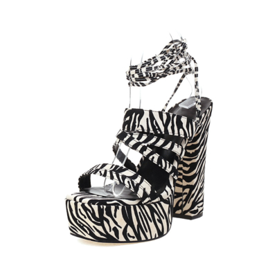 Zebra Print Strappy Platform Chunky Heels Lace Up Party Sandals