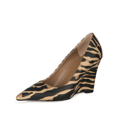 Brown Zebra Printed Womens Wedge Heel Shoes Dress Pumps 4 inches Heels
