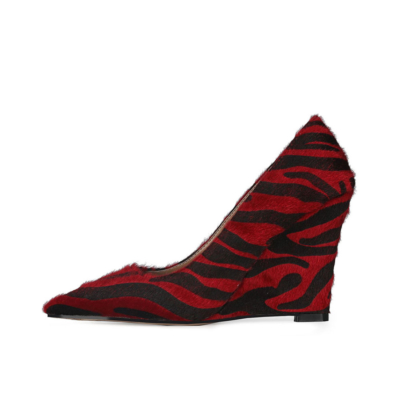 Red Faux Fur Zebra Printed Womens Wedge Heel Shoes Dress Pumps 10cm Heels
