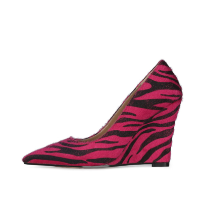 Hot Pink Faux Fur Zebra Printed Womens Wedge Heel Shoes Dress Pumps 4